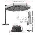 Instahut 3m Cantilever Umbrella Grey 360° Tilt Beach Roma Base