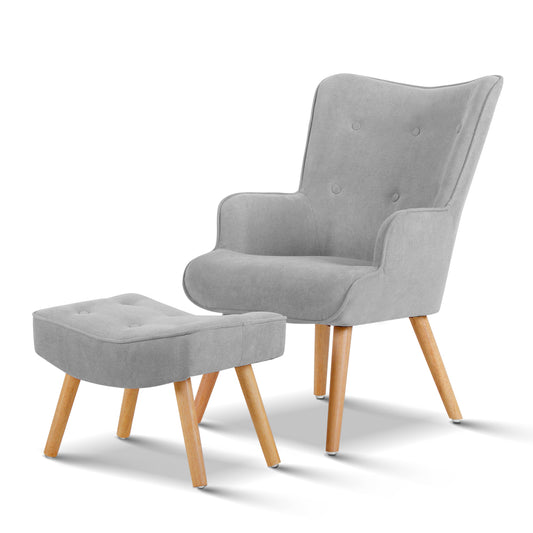 Artiss Armchair Ottoman Light Grey Fabric Lounge Chair