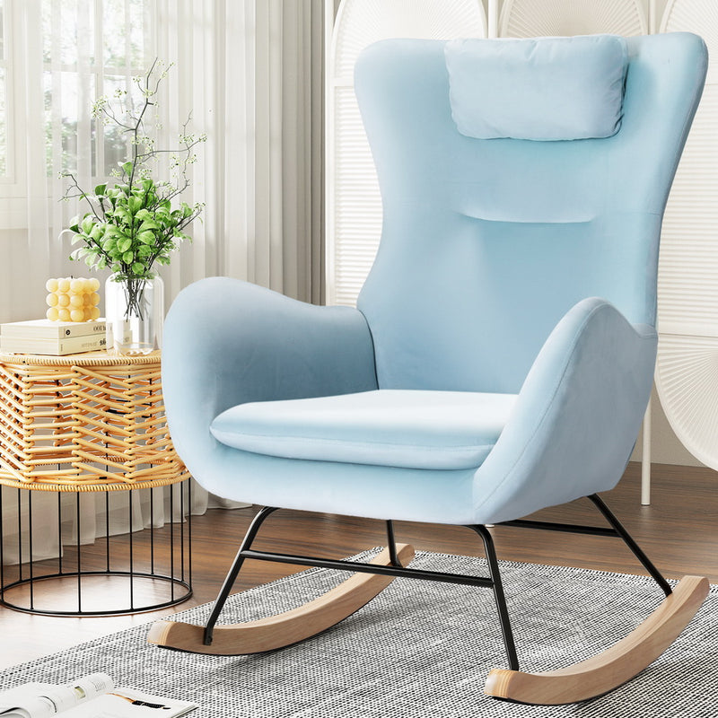 Artiss Rocking Chair Armchair Velvet Blue with Pillow