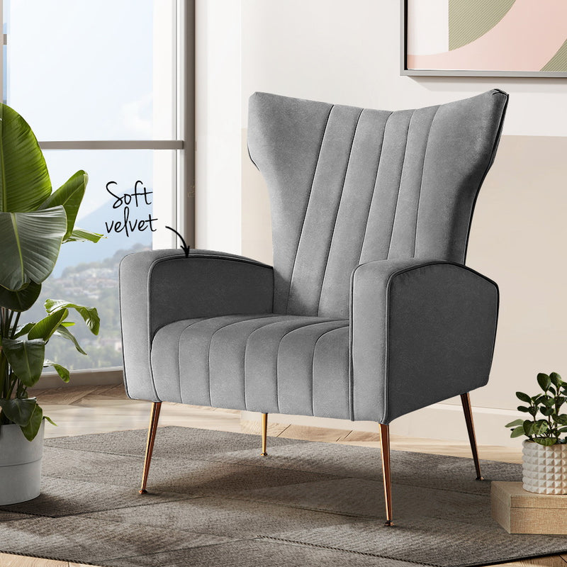 Artiss Armchair Lounge Accent Chairs Armchairs Chair Velvet Sofa Grey Seat