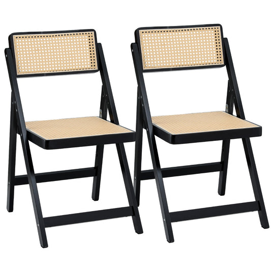 Artiss Dining Chairs Wooden Rattan Foldable Black x2