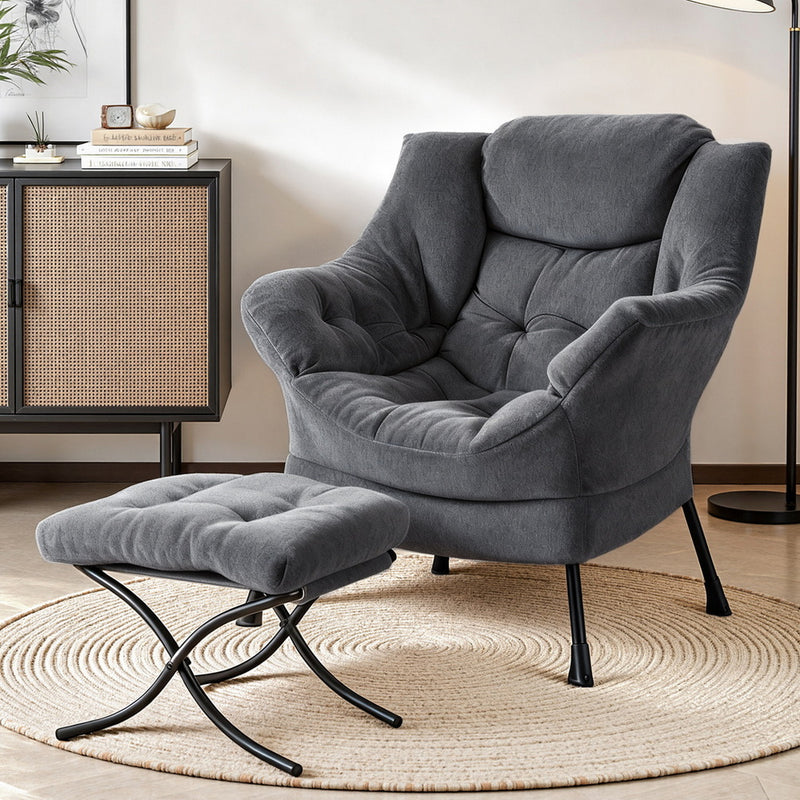 Artiss Accent Chair Armchair Ottoman Velvet Grey Footrest
