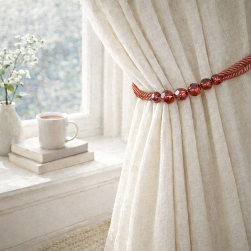 Coral Red Beaded Rope Curtain Tieback