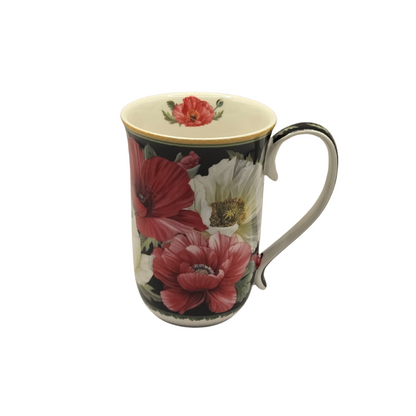 Elegant Poppies Fine Bone China Mug - 405ml Black Floral Teacup