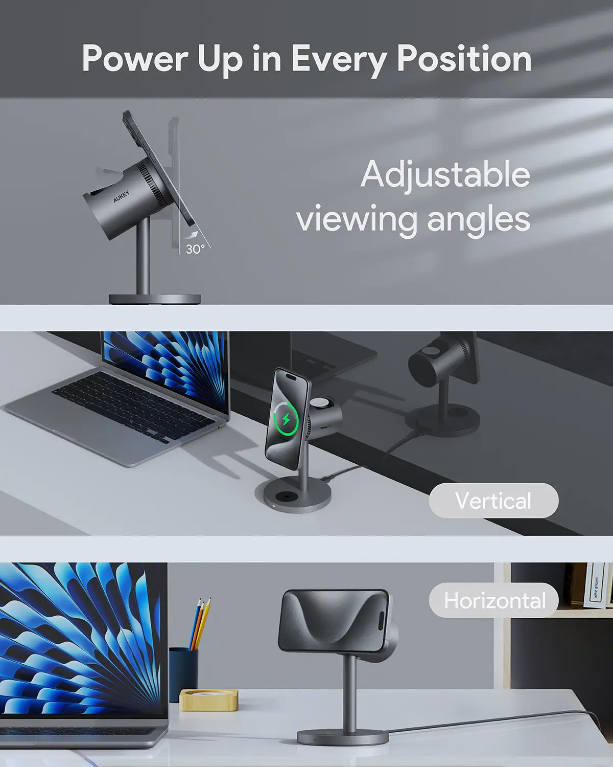 Aukey MagFusion 3-in-1 Pro Qi2 Magnetic Fast Wireless Charging Station with Active Cooling (LC-MC311A)