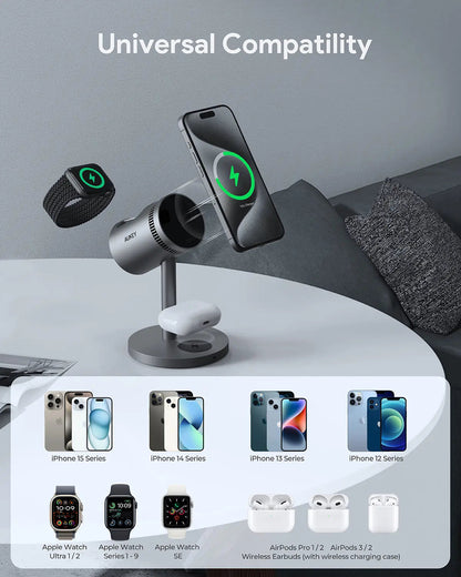 Aukey MagFusion 3-in-1 Pro Qi2 Magnetic Fast Wireless Charging Station with Active Cooling (LC-MC311A)