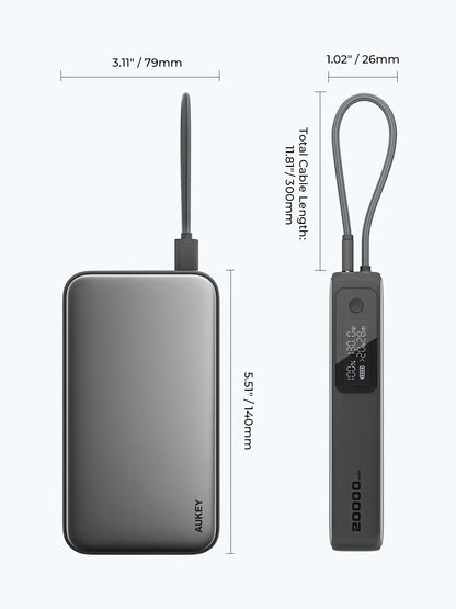 Aukey Spark Sling 20000 Compact Fast Charging Power Bank with Built-in USB-C Cable (PB-Y48)