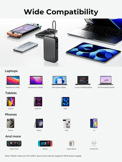 Aukey Spark Sling 20000 Compact Fast Charging Power Bank with Built-in USB-C Cable (PB-Y48)