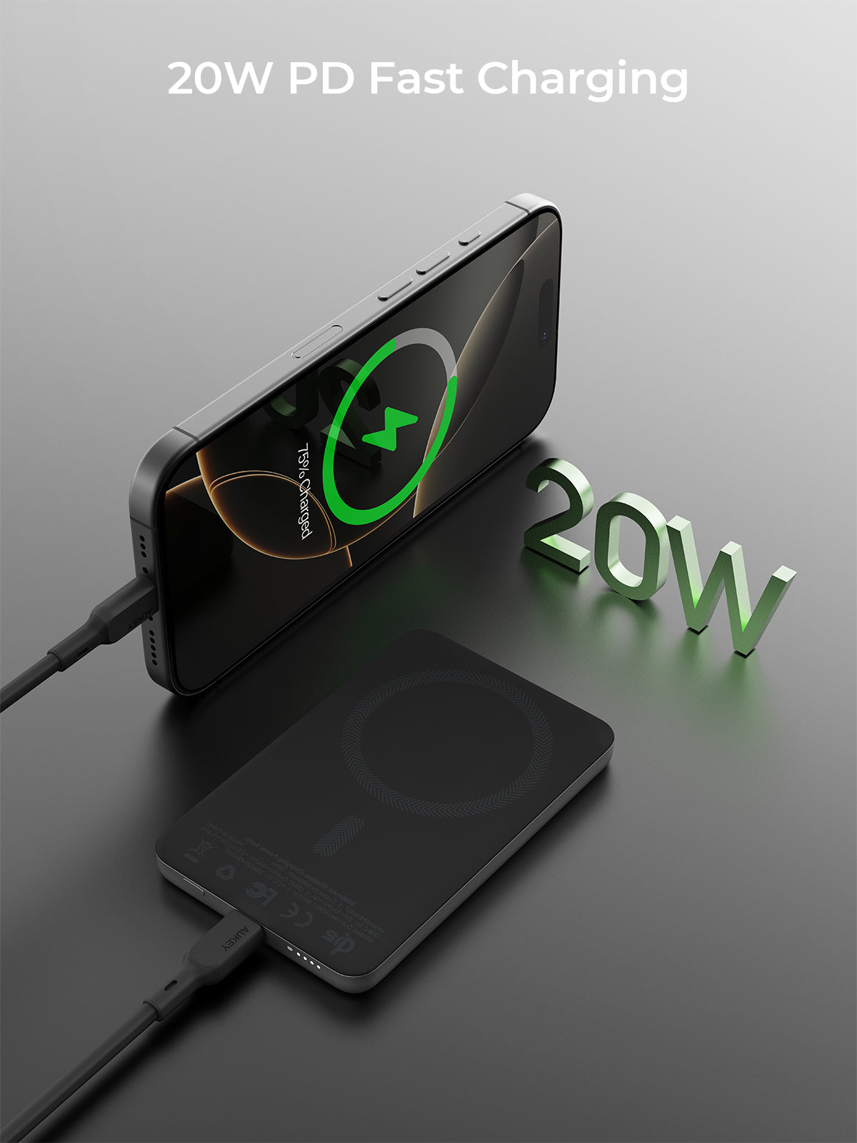 Aukey MagFusion M Qi2 5000mAh Magnetic Wireless Power Bank - Grey (PB-MS07)