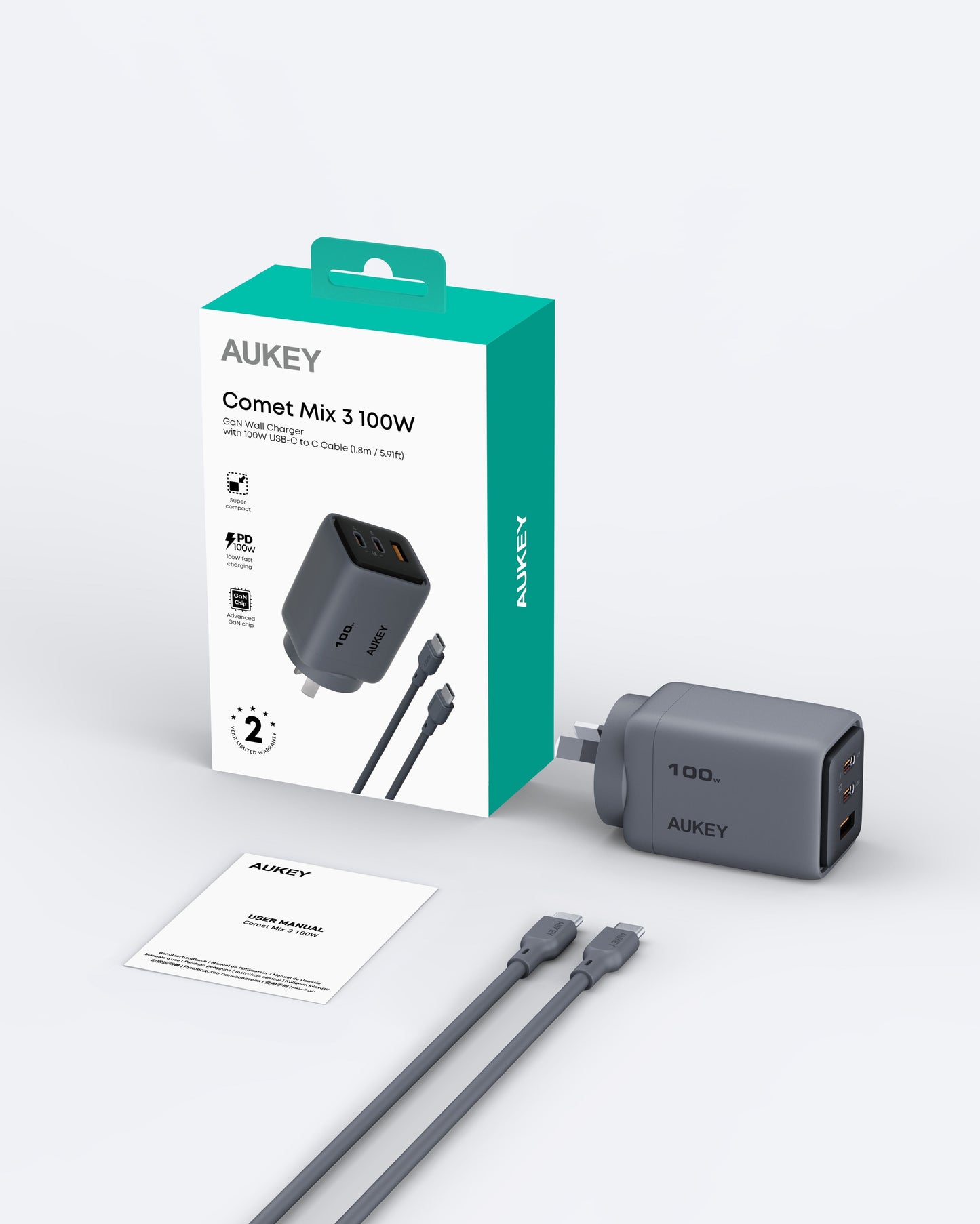 Aukey Comet 100W PD Fast Wall Charger GaN USB-C with 100W 1.8m USB-C to C Cable (PA-C5)