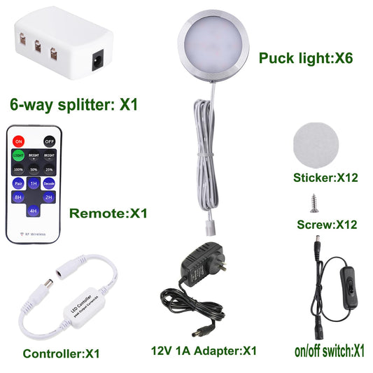Dimmable LED Under Cabinet Lighting, Counter Showcase Kitchen Lighting Fixtures with 12V Plug in Adapter and Dimmable Wireless Remote Control, 6 Ultra Slim Puck Lights Kit (Daylight White)