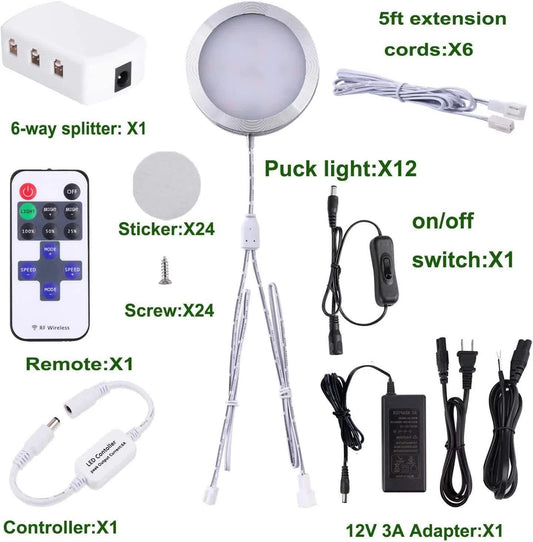 Linkable Under Cabinet LED Lighting 12V Dimmable Puck Lights with Wireless RF Remote Control, Hardwired & Wall Plug in for Kitchen Mood Lighting,Warm White