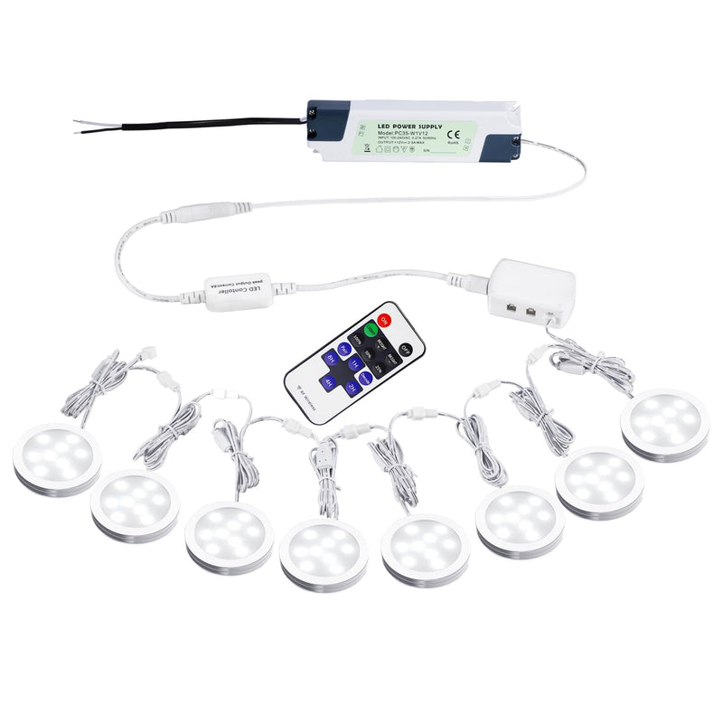Linkable Under Cabinet LED Lighting 12V Slim Aluminum Dimmable Puck Lights Direct Wired with RF Remote Control for Kitchen Lighting(8pack Daylight White)