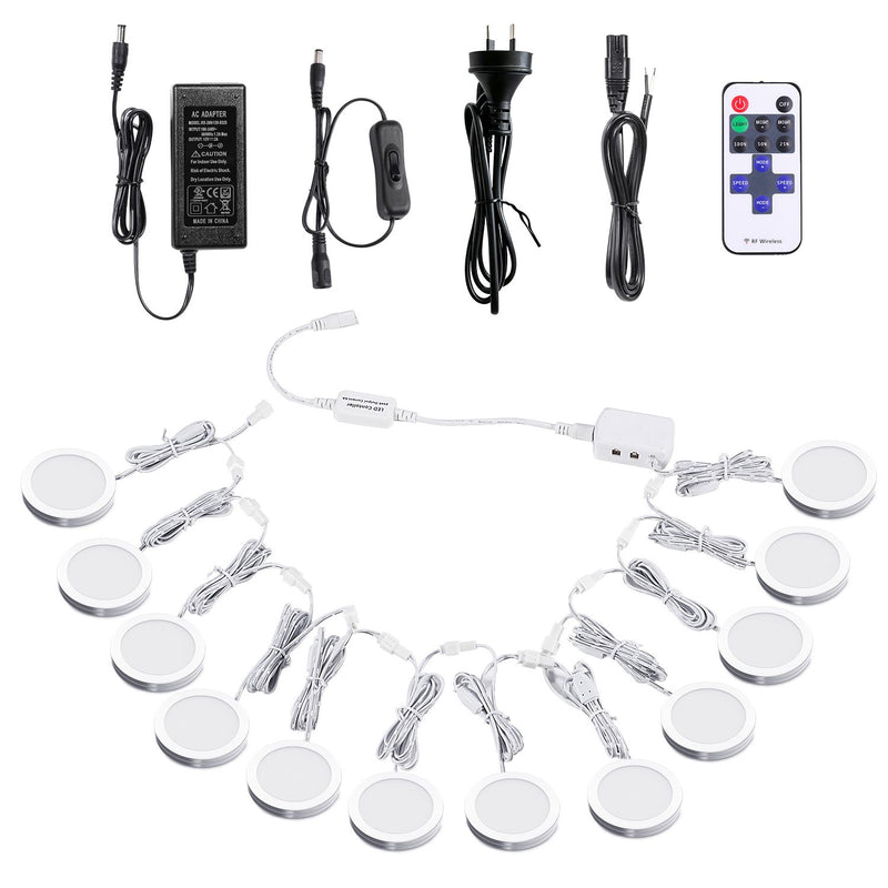 Linkable Under Cabinet LED Lighting 12V Dimmable Puck Lights with Wireless RF Remote Control, Hardwired & AU Wall Plug in for Kitchen Mood Lighting (4000K Natural White, 12 Lights Kit)