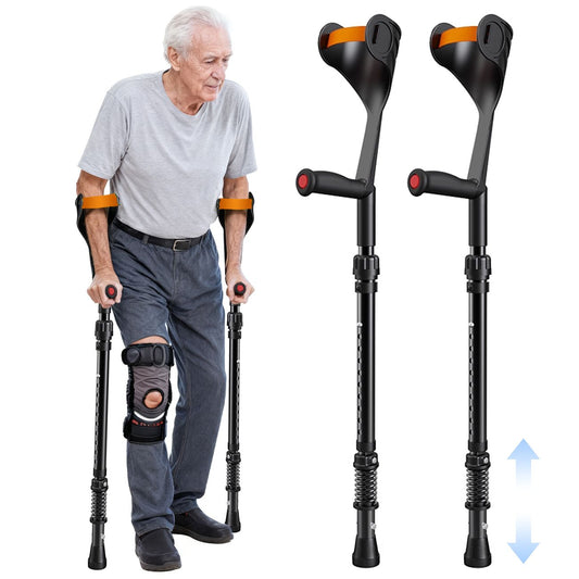 Pair of Adjustable Forearm Crutches for Adults, Lightweight Portable Walking Crutches with Spring Cushioning Design, Black