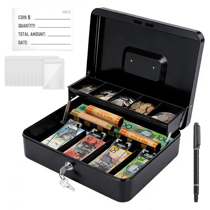 Cash Box With Security Locker And Security Cable, Money Box/Cash Tin With Money Tray For Saving Organizer-Black