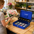 Cash Box With Security Locker And Security Cable, Money Box/Cash Tin With Money Tray For Saving Organizer-Blue