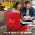 Cash Box With Security Locker And Security Cable, Money Box/Cash Tin With Money Tray For Saving Organizer-Red