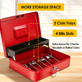 Cash Box With Security Locker And Security Cable, Money Box/Cash Tin With Money Tray For Saving Organizer-Red