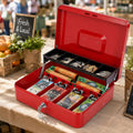 Cash Box With Security Locker And Security Cable, Money Box/Cash Tin With Money Tray For Saving Organizer-Red