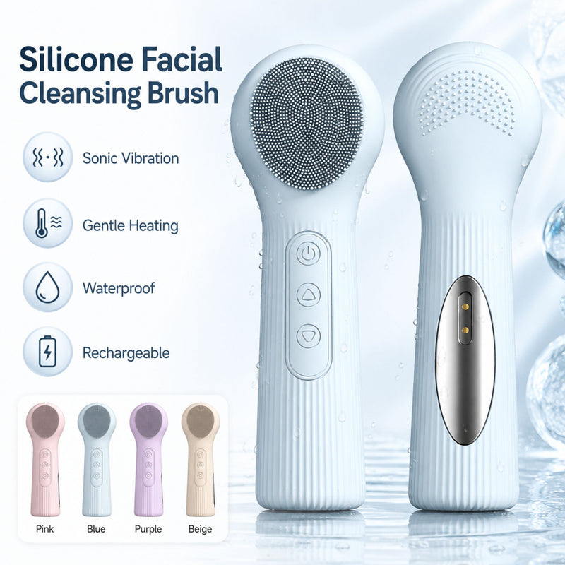 Silicone Facial Cleansing Brush Sonic Vibration Heating Waterproof Rechargeable-PINK