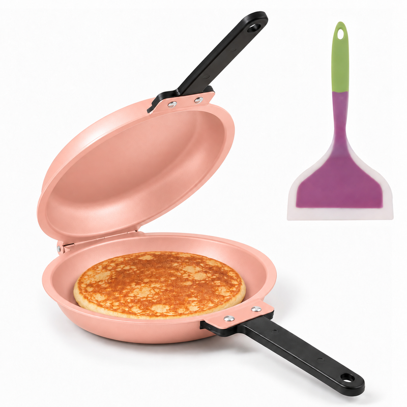 Double-Sided Non-Stick Frying Pan, Flip Pancake Pan with Heat-Resistant Handle for Eggs, Pancakes & Toast, Gas Electric & Ceramic Stoves-Pink