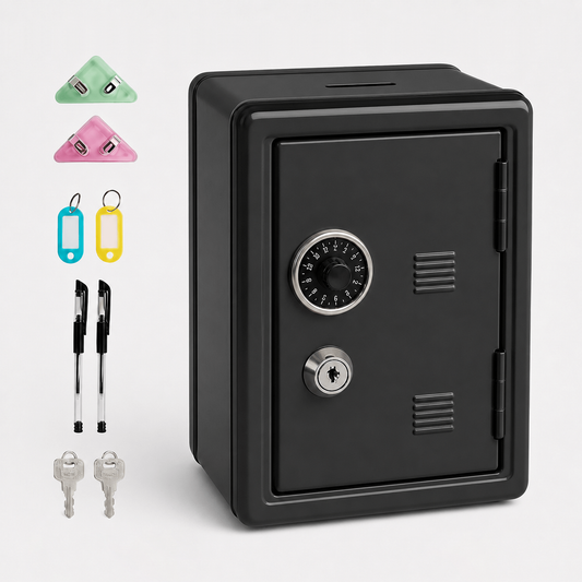 Lockable Metal Money Box, Cash & Coin Storage Box with Key Lock, Compact Piggy Bank for For Kids & Adults, Office & Small Valuables-Black