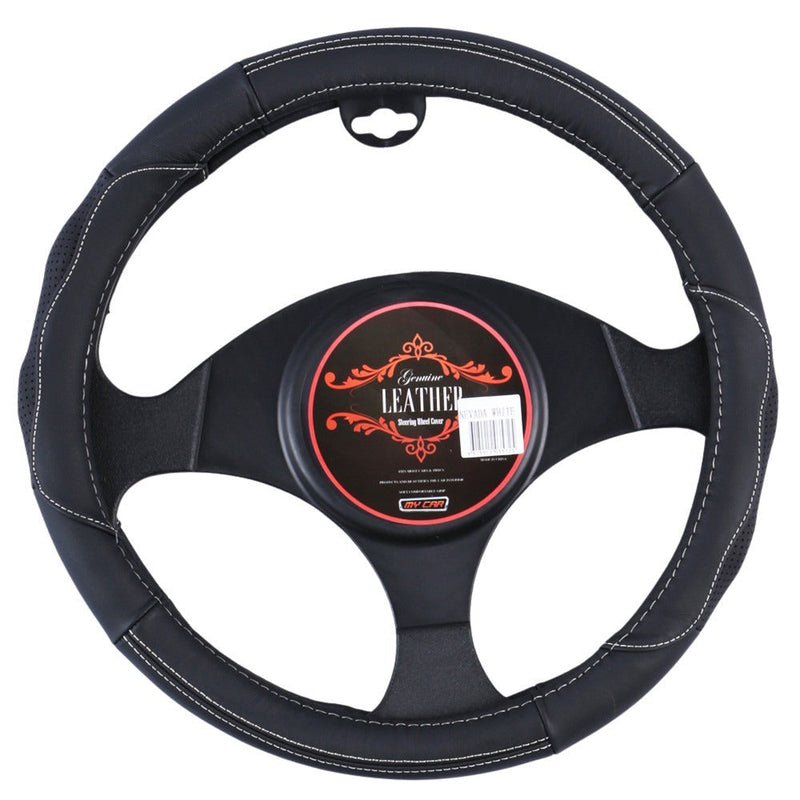 Nevada Steering Wheel Cover Black White Leather 37-39cm