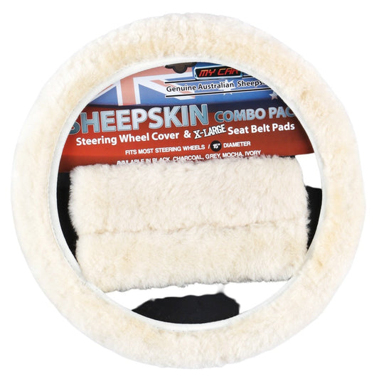 Sheepskin Steering Wheel Cover Seat Belt Pads Ivory Combo
