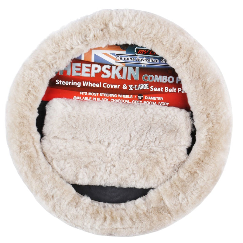 Sheepskin Steering Wheel Cover Seat Belt Pads Mocha Combo