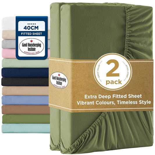 2000TC Hotel Quality Fitted Sheets - 2 Piece Fitted Sheets  -Breathable Bedding - Wrinkle, Fade, Stain Resistant- 16inch/40cm Deep Pocket Fitted Bed Sheets-Wrinkle and Fade Resistant,(Olive green,King Single)