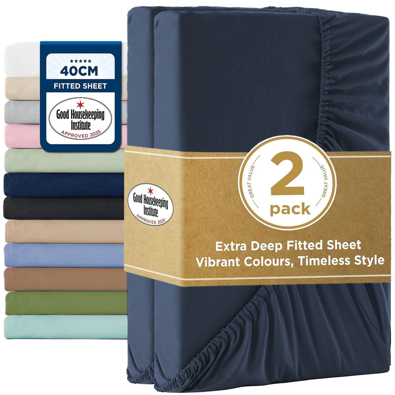 2000TC Hotel Quality Fitted Sheets - 2 Piece Fitted Sheets  -Breathable Bedding - Wrinkle, Fade, Stain Resistant- 16inch/40cm Deep Pocket Fitted Bed Sheets-Wrinkle and Fade Resistant,(Navy,Queen)