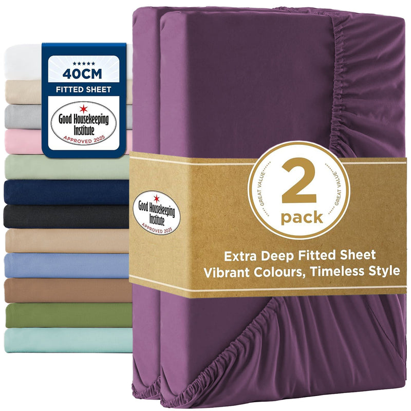 2000TC Hotel Quality Fitted Sheets - 2 Piece Fitted Sheets  -Breathable Bedding - Wrinkle, Fade, Stain Resistant- 16inch/40cm Deep Pocket Fitted Bed Sheets-Wrinkle and Fade Resistant,(Purple,Single)