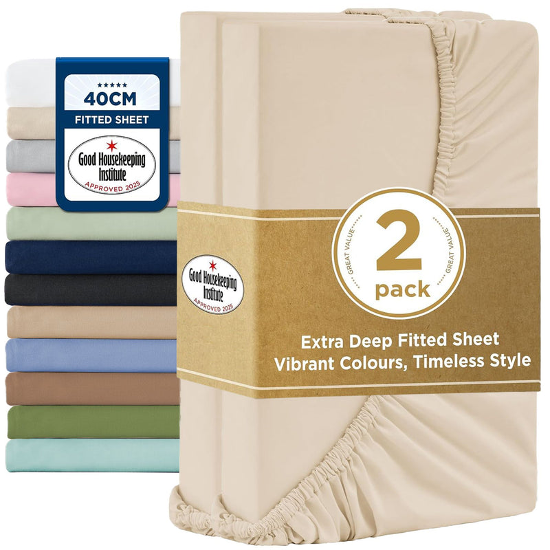 2000TC Hotel Quality Fitted Sheets - 2 Piece Fitted Sheets  -Breathable Bedding - Wrinkle, Fade, Stain Resistant- 16inch/40cm Deep Pocket Fitted Bed Sheets-Wrinkle and Fade Resistant,(Cream White,Super King)