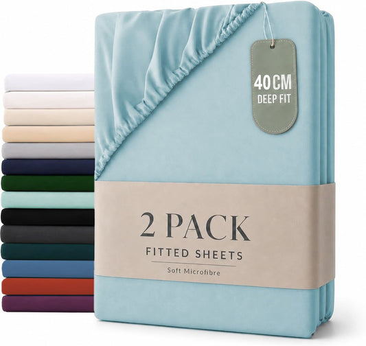Hotel Quality Fitted sheets - 2 Piece Fitted sheets  -Breathable Bedding - Wrinkle, Fade, Stain Resistant- 26inch/40cm Deep Pocket Fitted Bed Sheet-Wrinkle and Fade Resistant,(Ice blue,King Single)