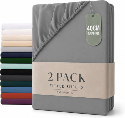 Hotel Quality Fitted sheets - 2 Piece Fitted sheets  -Breathable Bedding - Wrinkle, Fade, Stain Resistant- 26inch/40cm Deep Pocket Fitted Bed Sheet-Wrinkle and Fade Resistant,(Grey,SINGLE)