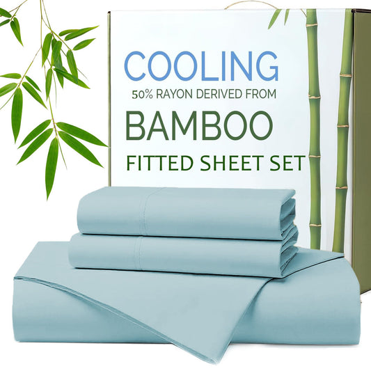 Hotel Breathable Bamboo Fitted Sheet & Pillowcase-3 Piece-Ultra Soft 2000TC Breathable Fitted Bed Sheets Set with 37 Centimetre Deep Pocket-Cooling Sheets for Hot Sleepers(Sky Blue,Double)