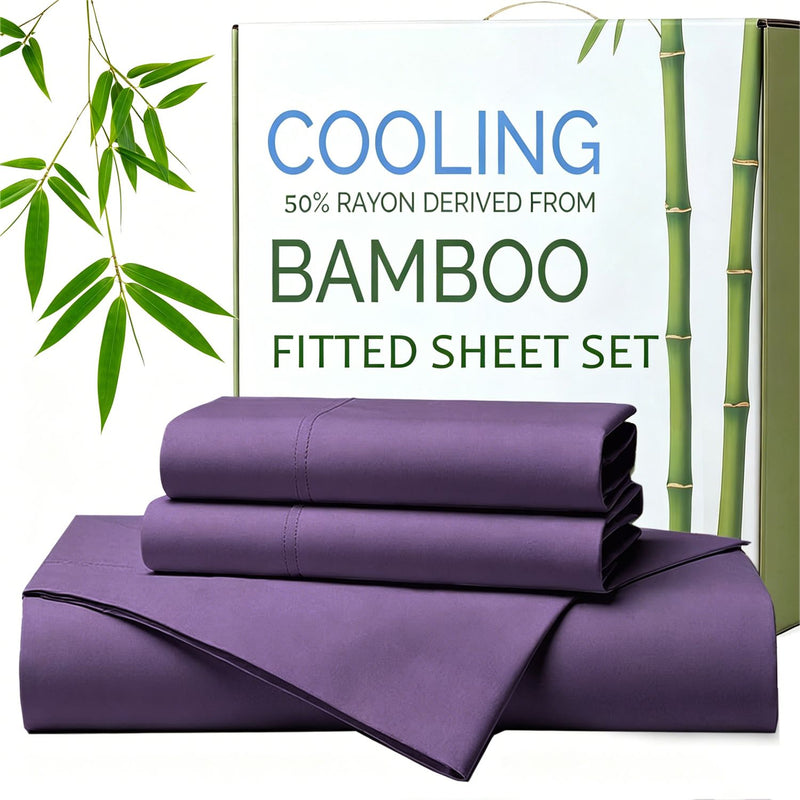 Hotel Breathable Bamboo Fitted Sheet & Pillowcase-3 Piece-Ultra Soft 2000TC Breathable Fitted Bed Sheets Set with 37 Centimetre Deep Pocket-Cooling Sheets for Hot Sleepers(Purple,King)