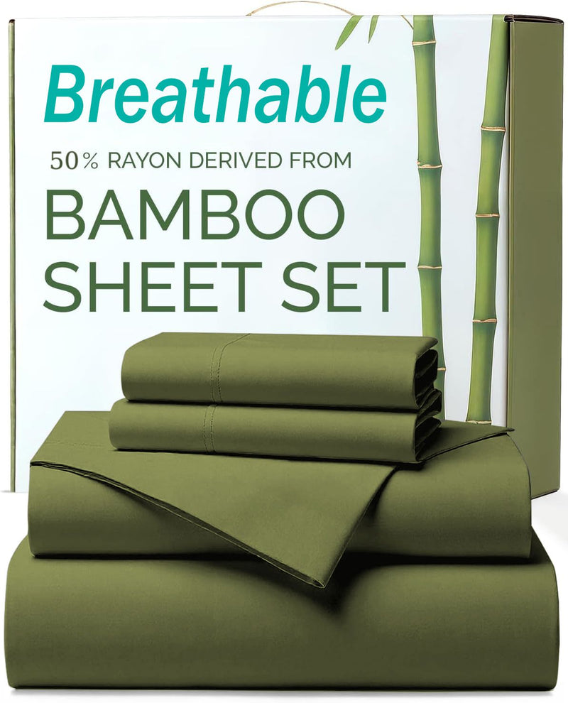 4 Piece Ultra Soft Bamboo Breathable Sheet Set -Hotel 2000TC Breathable Bed Sheets Set with 37 Centimetre Deep Pocket-Breathable Sheets for Hot Sleepers(Olive green,King)