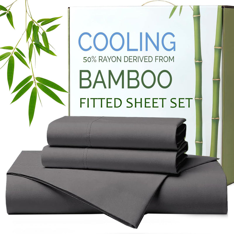 Hotel Breathable Bamboo Fitted Sheet & Pillowcase-2 Piece-Ultra Soft 2000TC Breathable Fitted Bed Sheets Set with 37 Centimetre Deep Pocket-Cooling Sheets for Hot Sleepers(Grey,King Single)