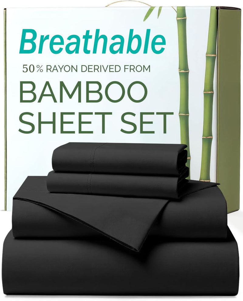 3 Piece Ultra Soft Bamboo Breathable Sheet Set -Hotel 2000TC Breathable Bed Sheets Set with 37 Centimetre Deep Pocket-Breathable Sheets for Hot Sleepers(Black,King Single)