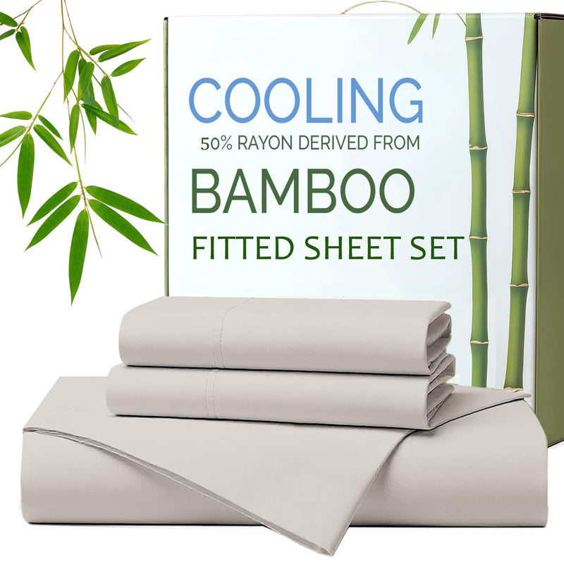 Hotel Breathable Bamboo Fitted Sheet & Pillowcase-3 Piece-Ultra Soft 2000TC Breathable Fitted Bed Sheets Set with 37 Centimetre Deep Pocket-Cooling Sheets for Hot Sleepers(Silver-gray,Queen)