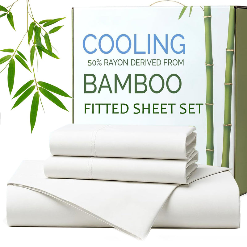 Hotel Breathable Bamboo Fitted Sheet & Pillowcase-3 Piece-Ultra Soft 2000TC Breathable Fitted Bed Sheets Set with 37 Centimetre Deep Pocket-Cooling Sheets for Hot Sleepers(White,Queen)