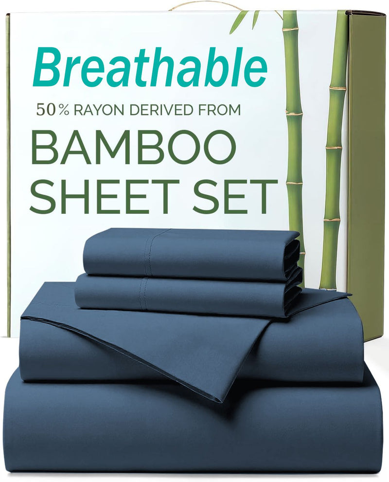 3 Piece Ultra Soft Bamboo Breathable Sheet Set -Hotel 2000TC Breathable Bed Sheets Set with 37 Centimetre Deep Pocket-Breathable Sheets for Hot Sleepers(Navy,Single)