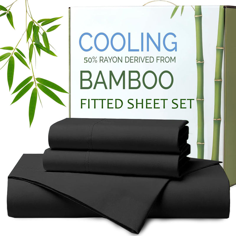 Hotel Breathable Bamboo Fitted Sheet & Pillowcase-3 Piece-Ultra Soft 2000TC Breathable Fitted Bed Sheets Set with 40 Centimetre Deep Pocket-Cooling Sheets for Hot Sleepers(Black,Super King)