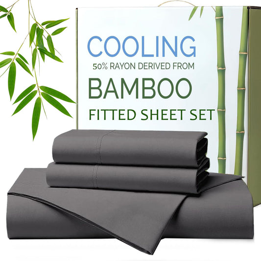 Hotel Breathable Bamboo Fitted Sheet & Pillowcase-3 Piece-Ultra Soft 2000TC Breathable Fitted Bed Sheets Set with 40 Centimetre Deep Pocket-Cooling Sheets for Hot Sleepers(Grey,Super King)