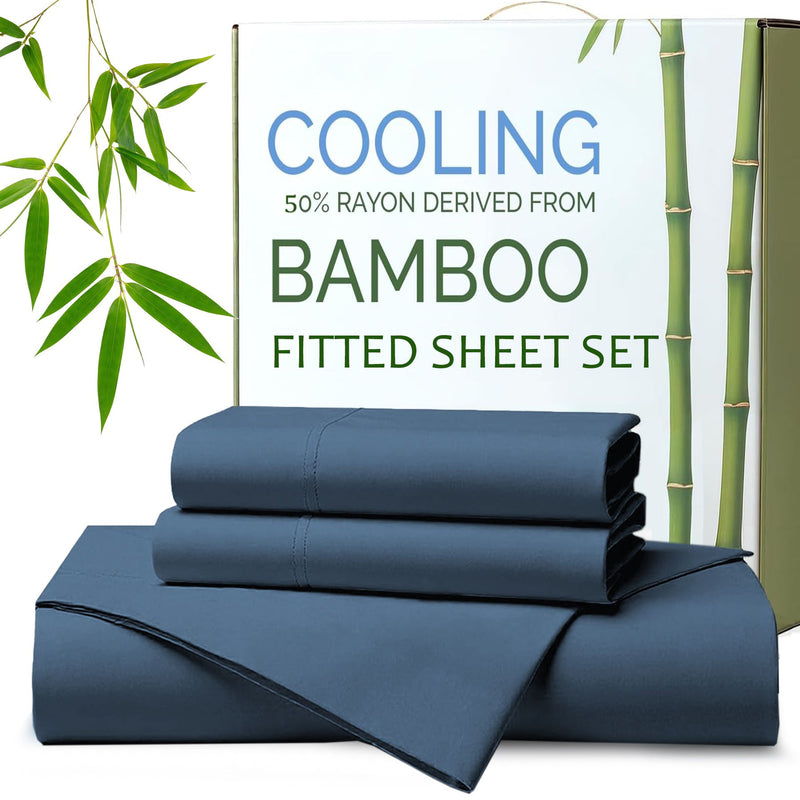 Hotel Breathable Bamboo Fitted Sheet & Pillowcase-3 Piece-Ultra Soft 2000TC Breathable Fitted Bed Sheets Set with 40 Centimetre Deep Pocket-Cooling Sheets for Hot Sleepers(Navy,Super King)
