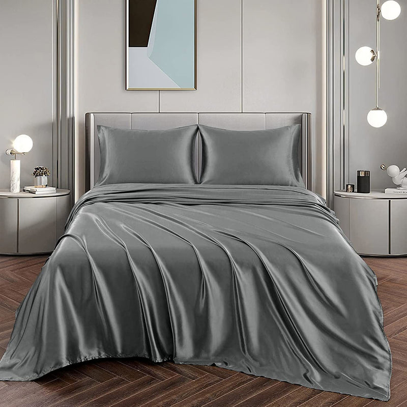 Art Silk Satin Sheet Set Hotel 4 Pieces Fitted/Flat Sheet Bedding Set-Luxury Soft Silky Sheets for Hair and Skin, Similar to Silk Bed Sheets Set 4 Pieces(King,Grey)