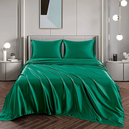 Art Silk Satin Sheet Set Hotel 4 Pieces Fitted/Flat Sheet Bedding Set-Luxury Soft Silky Sheets for Hair and Skin, Similar to Silk Bed Sheets Set 4 Pieces(Queen,Green)