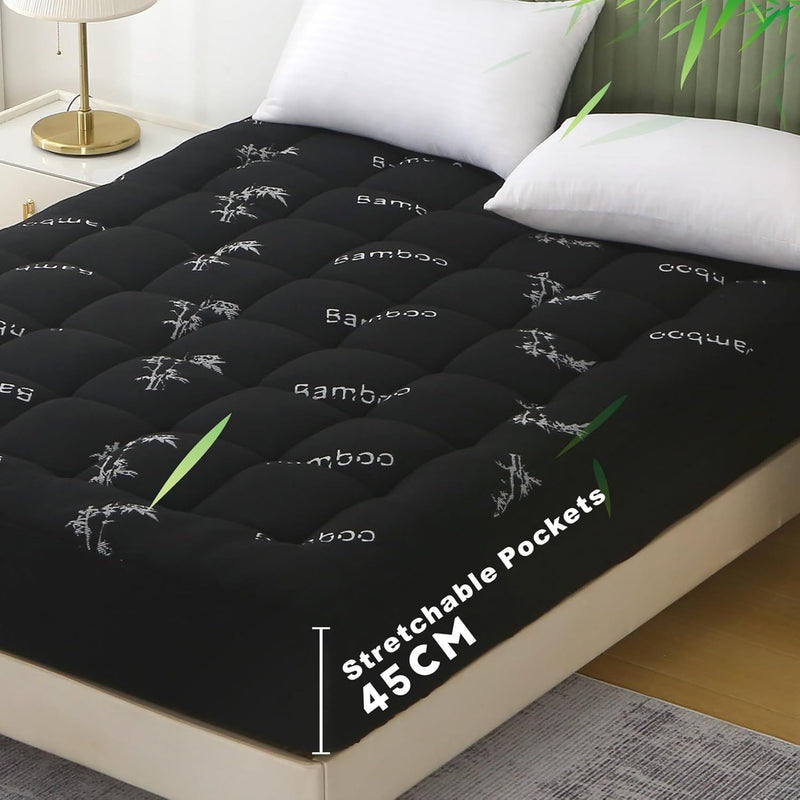 800GSM Mattress Topper Viscose Derived from Bamboo, Thick Pillowtop Fitted Mattress Cover with 45cm Deep Skirt - Machine Washable Hypoallergenic(Double,Black)